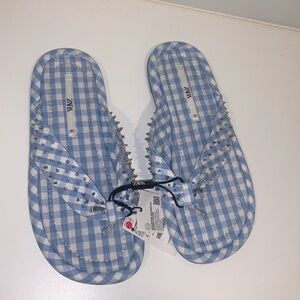 Zara Gingham‎ Studded Flip Flops Sandals